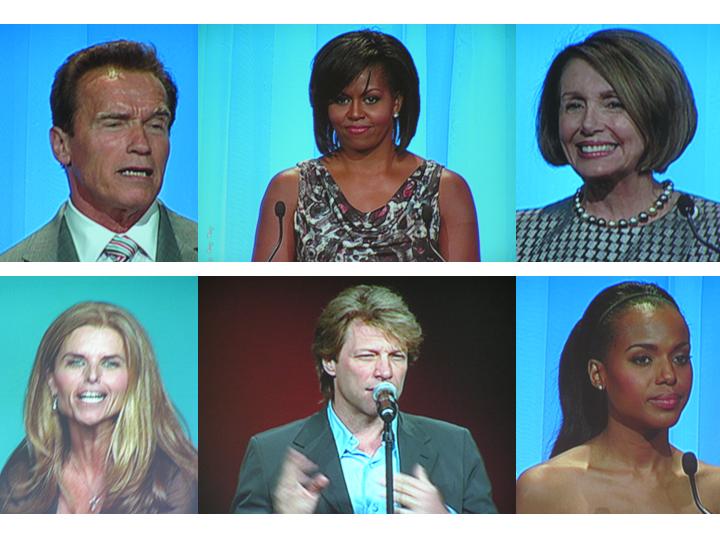 (clockwise from top left) California Governor Arnold Schwarzanneger, US First Lady Michelle Obama, US Speaker of the House Nancy Pelosi, actress-model Kerry Washington, singer Jon Bon Jovi, California First Lady Maria Shriver. Photos by Claire Algarme.