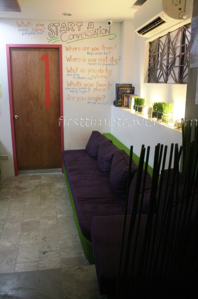 Conversation starters at the wall will help you get acquainted with fellow travelers.