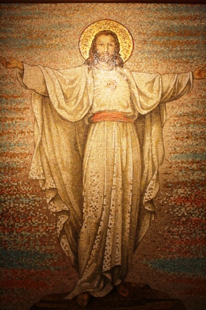 Larger than life mosaic of the risen Christ.
