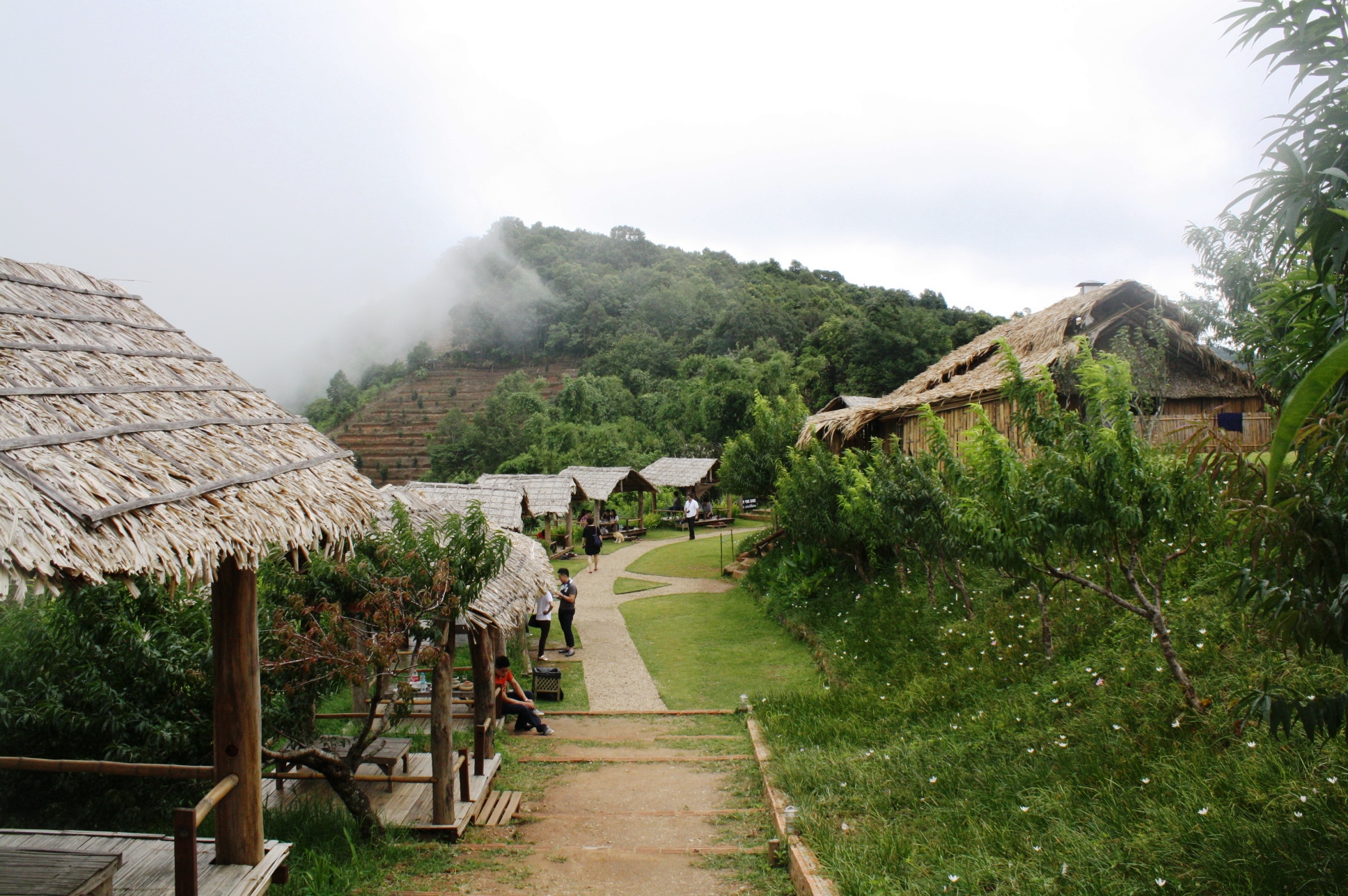 Cloud-covered hills.