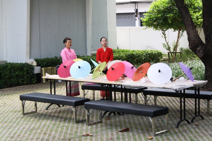 Umbrellas are waiting to be painted by newbie umbrella designers.