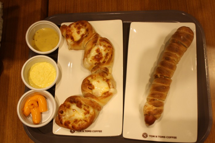 Sweet potato pretzel with dips and the Dog Pretzel.