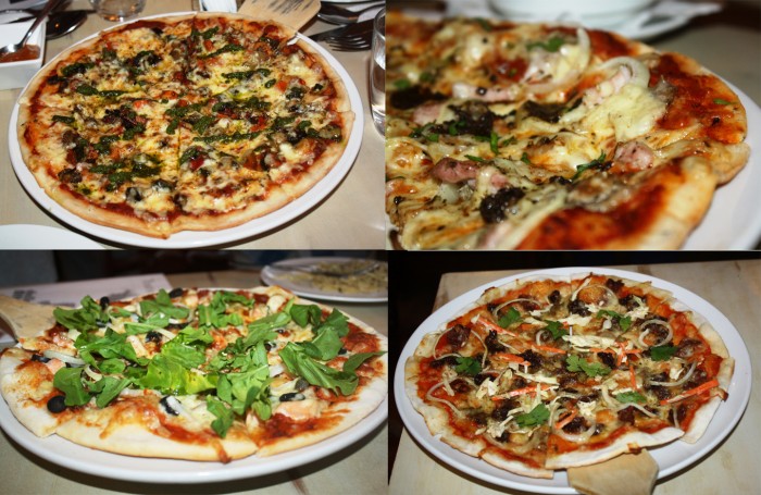 The pizzas served to us - (clockwise from upper left) Margherita, Funghi con Pancetta, Salmone, and Asian.
