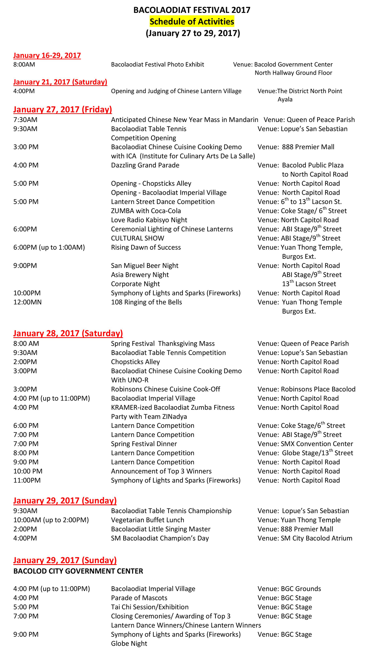 Bacolaodiat 2017 schedule